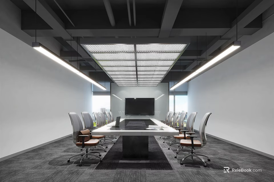 Modern Conference Room Interior Design With Long Table Chairs And Ceiling Lighting 3d model 