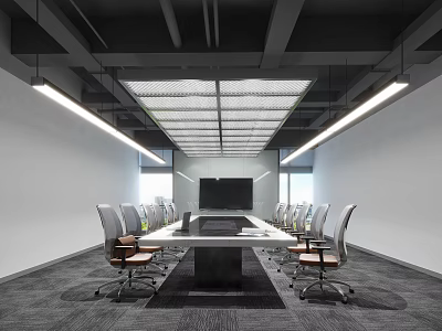 Modern Conference Room Interior Design With Long Table Chairs And Ceiling Lighting 3d model