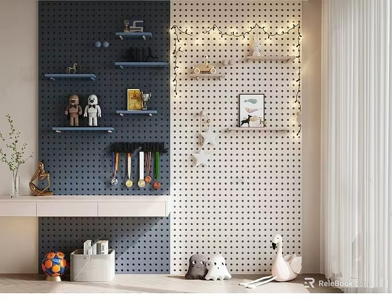 Perforated Panel Wall Decor With Shelves Decorative Items Hooks And Lighting 3d model