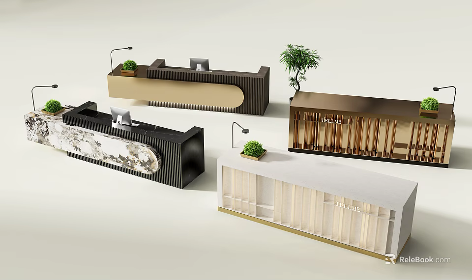 Various Modern Reception Desks Featuring Sleek Surfaces Wooden Details And Green Accents 3d model 
