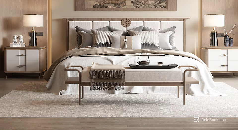 Modern Double Bed Bedroom With Upholstered Headboard Pillows Bench And Tea Set 3d model