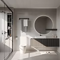 Modern Bathroom Interior Design With Glass Shower Round Mirror White Toilet And Gray Vanity