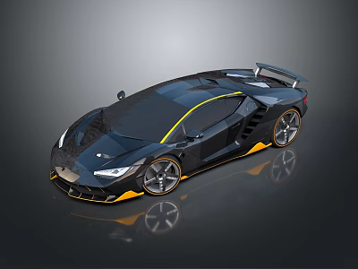 Black Sports Car With Yellow Accents Sleek Design And Large Rear Spoiler 3d model