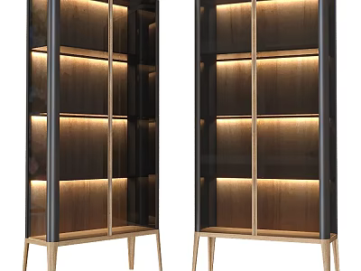 Modern Wooden Display Cabinet With Glass Doors Gold Metal Frame And Built In Lighting 3d model