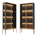 Modern Wooden Display Cabinet With Glass Doors Gold Metal Frame And Built In Lighting