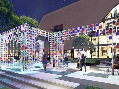 Colorful Transparent Block Art Installation In Outdoor Public Square With People Interacting 3d model