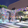 Colorful Transparent Block Art Installation In Outdoor Public Square With People Interacting