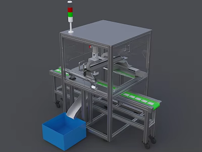 Automated Industrial Equipment With Protective Enclosure Green Conveyor Belt Signal Light And Blue Collection Bin 3d model