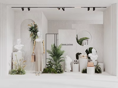Modern Shop Window Display with Green Plants Mannequin Sculpture Round Mirror and White Pedestals 3d model