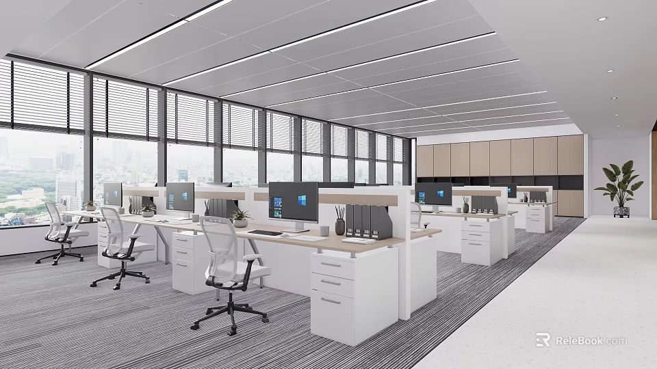 Spacious Modern Public Office Space Featuring Desks Computers Office Chairs Large Windows And Ceiling Lights 3d model