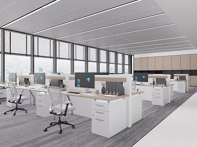Spacious Modern Public Office Space Featuring Desks Computers Office Chairs Large Windows And Ceiling Lights 3d model