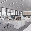 Spacious Modern Public Office Space Featuring Desks Computers Office Chairs Large Windows And Ceiling Lights 3d model
