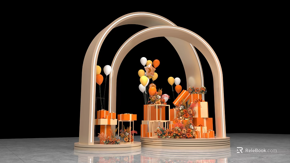 Decorative Display Stand With Two Arches Orange White Balloons And Gift Boxes 3d model 