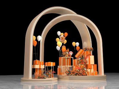 Decorative Display Stand With Two Arches Orange White Balloons And Gift Boxes 3d model