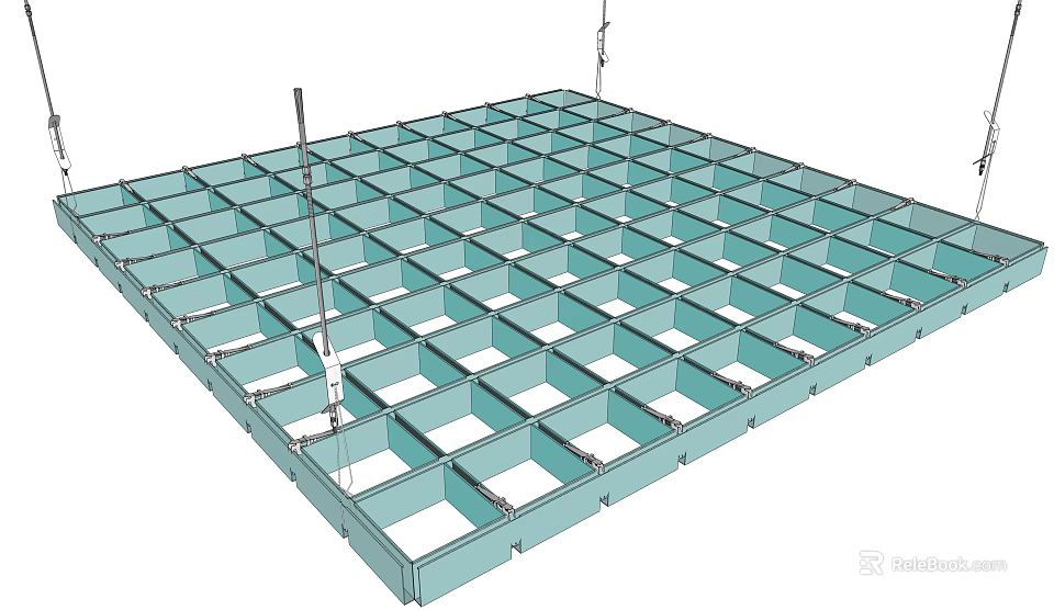 Grid Pattern Metal Ceiling Framework With Suspension Rods And Square Panels 3d model