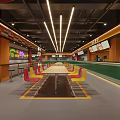 Modern Food Court Interior With Long Tables Colorful Seats Neon Signs And Bright Lighting