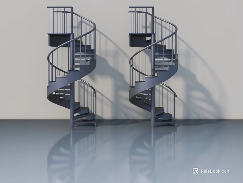 Modern Spiral Staircase With Metal Railing Steps And Reflective Floor 3d model 