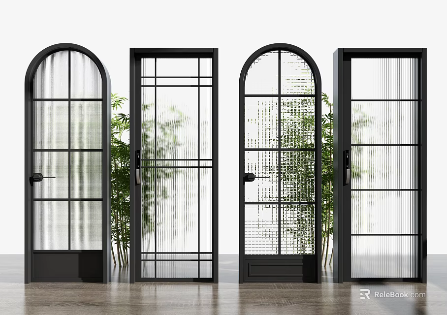 Modern Black Framed Hinged Doors with Glass Designs and Green Plants Behind 3d model 