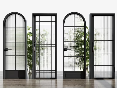 Modern Black Framed Hinged Doors with Glass Designs and Green Plants Behind 3d model
