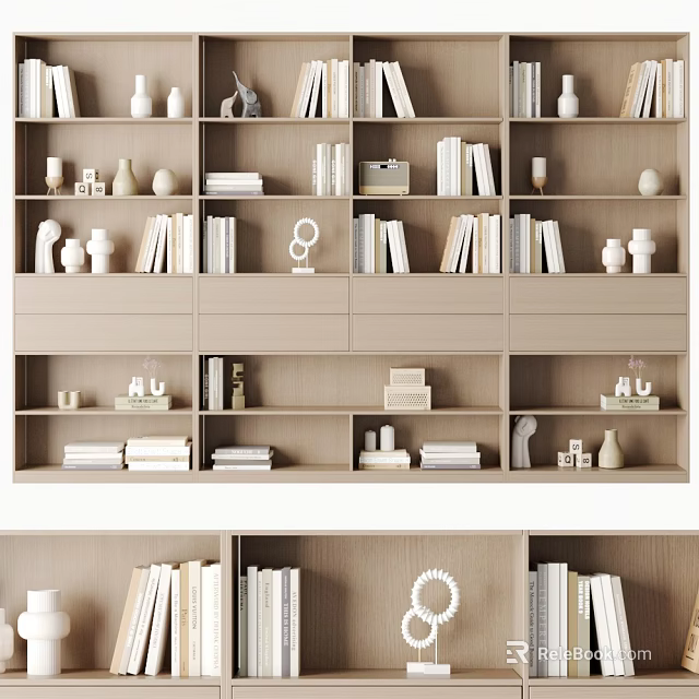 Layered Bookshelf With Organized Books Decorative Ornaments And Multiple Storage Shelves 3d model 