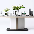 Modern Dining Table Interior With Vase Green Plants Tableware And Glasses 3d model