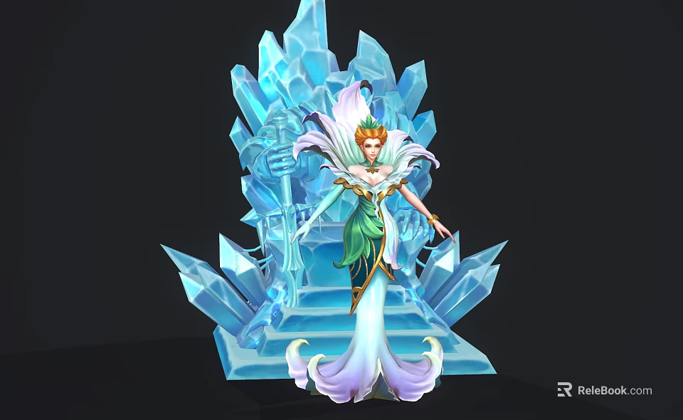 Elegant Ice Queen Seated On Icy Blue Crystal Throne With Green White Gown And Crown 3d model 