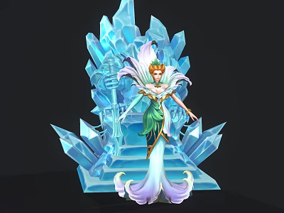 Elegant Ice Queen Seated On Icy Blue Crystal Throne With Green White Gown And Crown 3d model