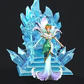Elegant Ice Queen Seated On Icy Blue Crystal Throne With Green White Gown And Crown