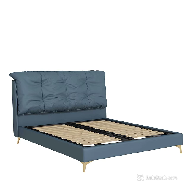 Modern Blue Leather Double Bed With Pleated Headboard Gold Legs And Slat Support 3d model 