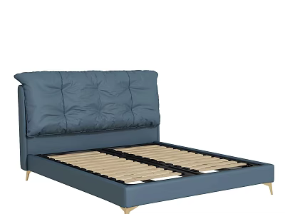 Modern Blue Leather Double Bed With Pleated Headboard Gold Legs And Slat Support 3d model