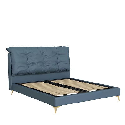 Modern Blue Leather Double Bed With Pleated Headboard Gold Legs And Slat Support 3d model
