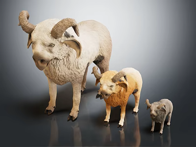 Three Goats with Curved Horns in Various Sizes and Colors Standing on Gray Background 3d model