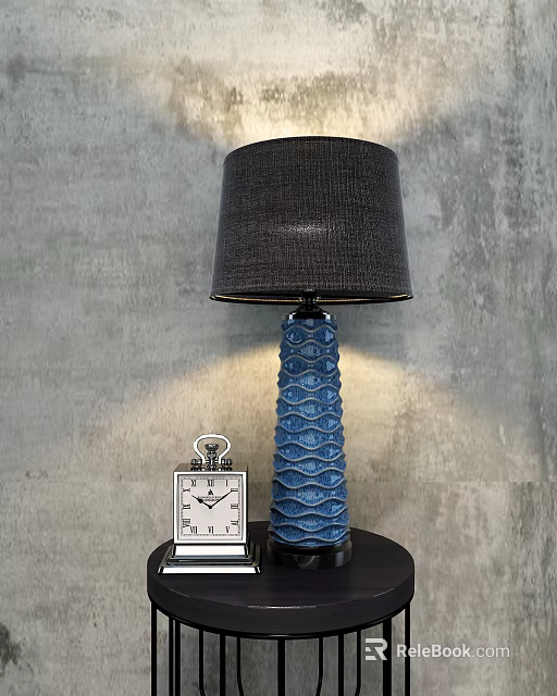 Blue Wave Pattern Table Lamp With Dark Fabric Shade And Small Clock On Wooden Table 3d model 