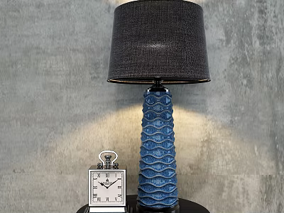 Blue Wave Pattern Table Lamp With Dark Fabric Shade And Small Clock On Wooden Table 3d model