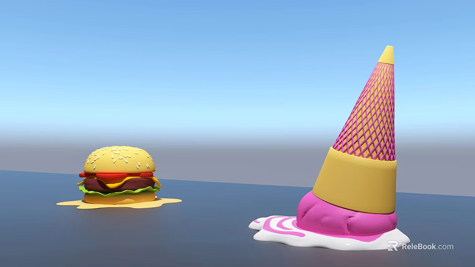 Colorful Hamburger With Melting Sauce And Ice Cream Cone With Pink Cream 3d model 