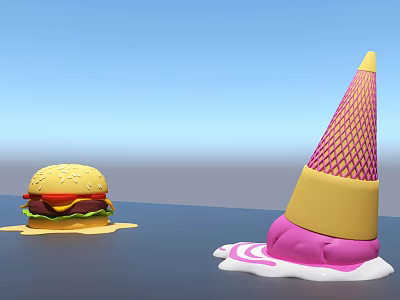 Colorful Hamburger With Melting Sauce And Ice Cream Cone With Pink Cream 3d model