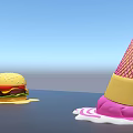 Colorful Hamburger With Melting Sauce And Ice Cream Cone With Pink Cream