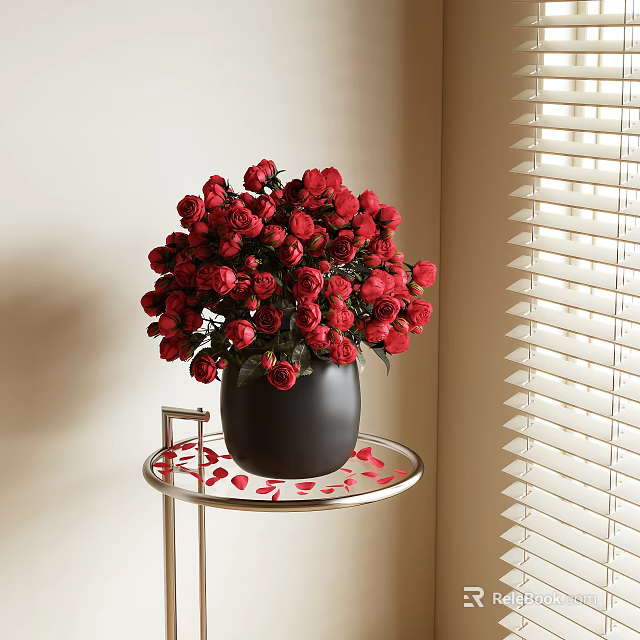 Red Roses Arrangement in Black Vase on Metal Stand with Rose Petals and Window Blinds 3d model 