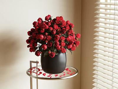 Red Roses Arrangement in Black Vase on Metal Stand with Rose Petals and Window Blinds 3d model