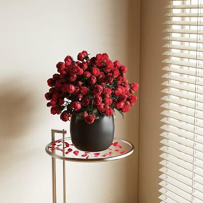 Red Roses Arrangement in Black Vase on Metal Stand with Rose Petals and Window Blinds 3d model