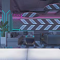 Modern Bar Interior With Neon Lights Bar Counter Black Stools Drinks Shelves And Green Plants
