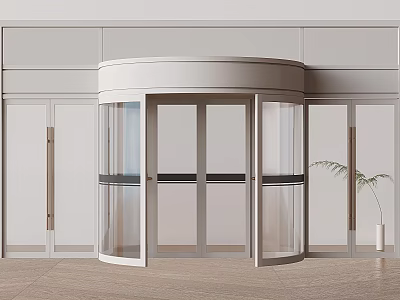 Modern Revolving Door Design With Glass Panels Light Colored Walls Floor And Potted Plant 3d model