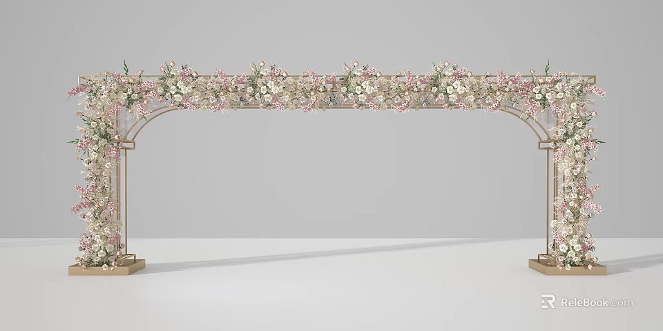 Elegant Archway Decorated With Pink And White Flowers On Golden Frame 3d model 