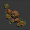Striped And Solid Color Pumpkins With Various Sizes And Green Leaves 3d model
