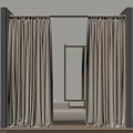 Gray Frame Beige Curtains Drawn With Mirror In Interior Wooden Floor Setting 3d model