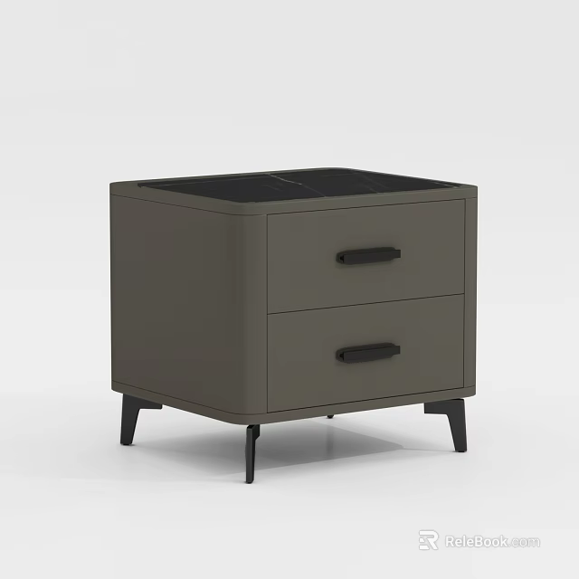 Modern Gray Nightstand With Two Drawers Black Handles And Slim Black Legs 3d model 