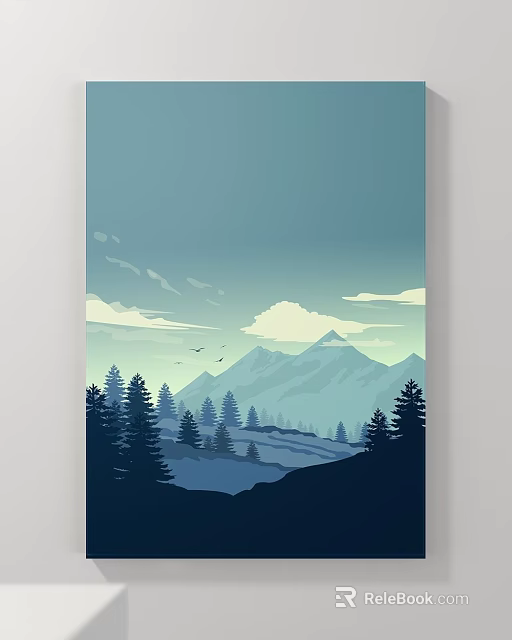 Scenic Mountain Landscape Painting With Pine Trees Flying Birds And Cloudy Sky 3d model 