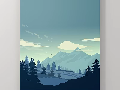 Scenic Mountain Landscape Painting With Pine Trees Flying Birds And Cloudy Sky 3d model