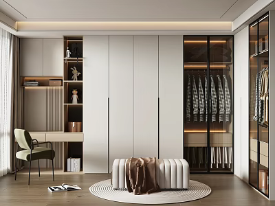 Modern Walk in Closet Interior With Glass Door Cabinets Displayed Clothes Bench And Desk Area 3d model