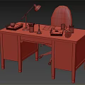 Wooden Office Desk With Red Chair Black Lamp Apple Notebook Colored Pencils Phone and Glass